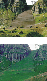 A.	Hydraulic seeding techniques over a steep slope covered by unconsolidated debris (before and after the work). Credit: Luca Guerrieri.